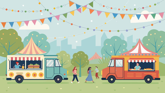 People visiting colorful food trucks at an outdoor community festival park event with decorative pennant flags festival community catering business decorations lifestyle gathering colorful