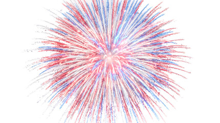 Obraz premium Bright patriotic red white blue fireworks explosion bursting dynamically across pure isolated white background celebrating independent day holiday event national anniversary