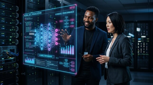 IT engineers analyzing neural network visualizations on a futuristic holographic screen in a server room.
