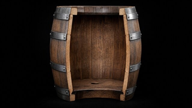 crosssection. Cross-section of a wooden barrel with metal hoops against a dark background. bar promotions, beverage menus, designed for product packaging and bar promotions.