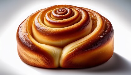 Fototapeta premium Large cinnamon roll with sweet spiral layers and golden baked texture, isolated on clean white background
