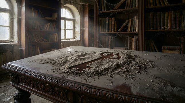 Haunting Key Silhouette in Dust on Antique Library Desk