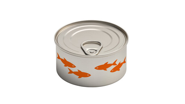 Silver tin can with orange fish pattern and pull tab