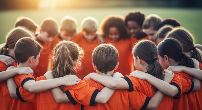 Celebrating international friendship day diverse children in team huddle outdoors