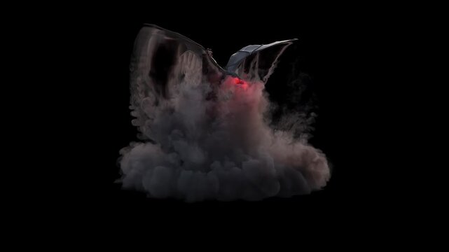 Dark winged creature emerging from a dense smoke cloud on black background