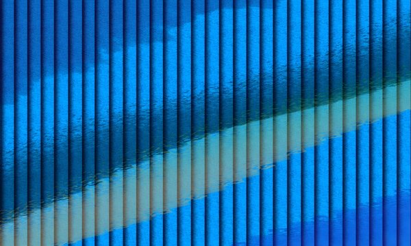 Deep azure artistic clouds seamlessly diffuse across a minimalist geometric backdrop composed of parallel lines.