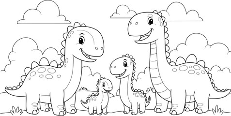 Cute cartoon dinosaur family with parents and babies coloring page vector illustration. Black and white line art nature background for kids. © AKASH
