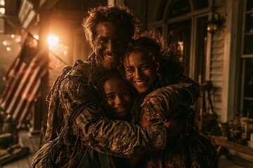 Fototapeta premium Smiling family portrait of a soldier hugging his wife and daughter on a porch with an American flag for military homecoming and patriotic lifestyle