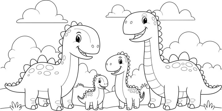Cute cartoon dinosaur family with parents and babies coloring page vector illustration. Black and white line art nature background for kids.