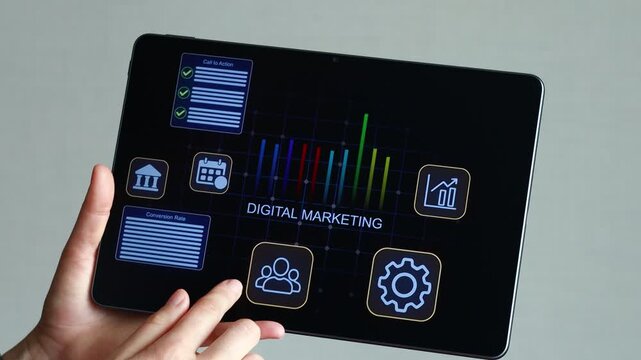 A person uses a tablet to view digital marketing data and statistics. The screen shows various charts, icons, and relevant information for analysis in a work environment.