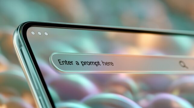 Close look at a smartphone screen showing a search bar with text Enter a prompt here against a colorful background