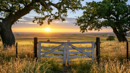 Fototapeta premium Serene Country Pasture at Sunset with Gateway Framed by Tall Grass and Mature Trees