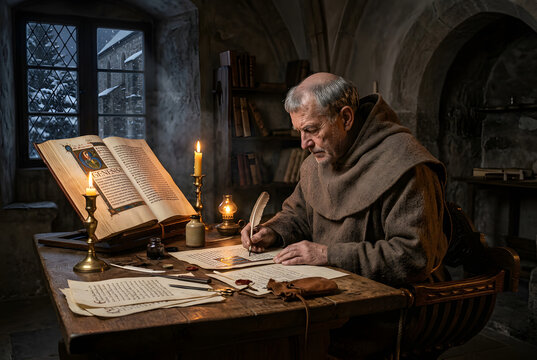 Aged monk copying sacred texts by candlelight in stone monastery scriptorium.