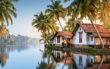 Fototapeta premium Traditional Wooden Houses Built Above Floodwaters in Tropical Landscape with Lush Palm Trees