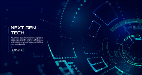 Fototapeta premium Futuristic digital data network background with connected points, analytics dashboard elements, big data visualization and AI technology concept for business, fintech and innovation projects.