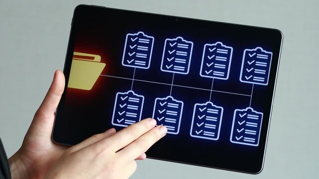 A hand holds a tablet showing a digital folder icon. Surrounding the folder are visual checklists that represent tasks or items. This scene shows file organization and management.