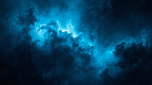 Vibrant blue nebula glowing in deep space with cosmic dust and stars
