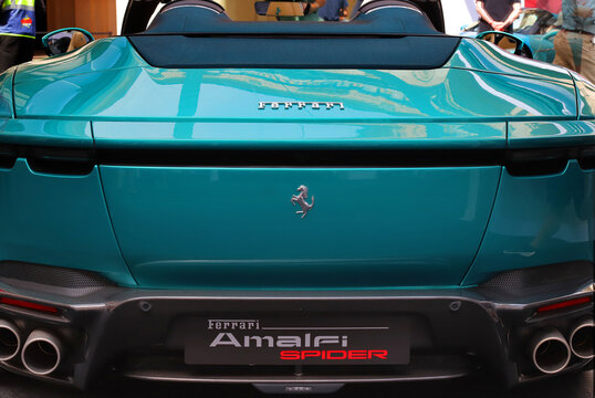 Modena, Italy, may 29 2026 - Motor Valley Fest 2026 public exhibition, Ferrari Amalfi Spider, detail of the back side, luxury sports car
