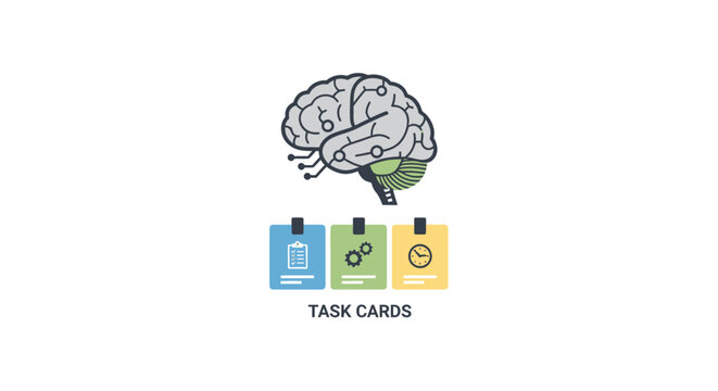 Stylized brain illustration with colorful task cards representing productivity and cognitive functions.