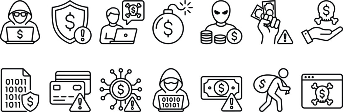Fraud thin line icon set. Contains hacker, digital data phishing, cyberspace risk, money thief, scam, financial security alert, warning notification, crime, theft, cyber protection vector illustration