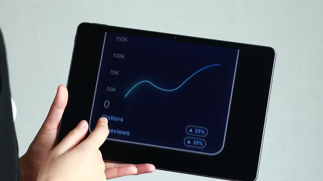 A person is using a tablet to display website traffic data. The screen shows a graph with visitor numbers increasing over time. The background is simple and focuses on the device.