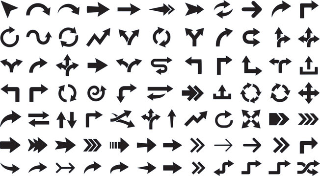 Arrow And Bracket Set Black Silhouette Icons On White Background
