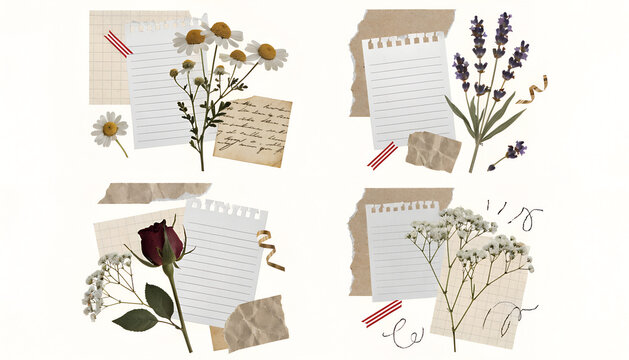Set of four vintage collage layouts with grid paper blank notes and dried flowers including chamomile lavender roses and babys breath for scrapbooking journaling and craft design See Less
