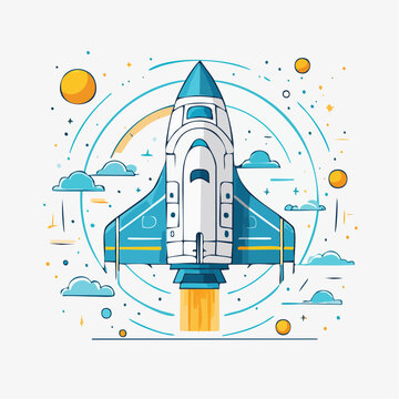 Stylized Rocket Launching into Space with Planets and Clouds
