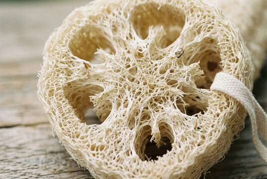 Organic luffa shower sponge displaying intricate fibrous network pattern