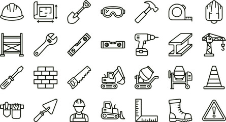 Naklejka premium Construction Tool Icons Line Style On White Background