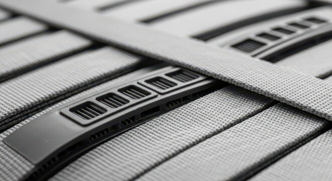 Close-up macro view of a gray plastic strap and woven fabric texture