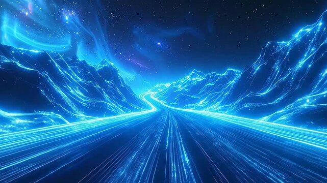 A glowing digital road winds through a vibrant blue mountain landscape
