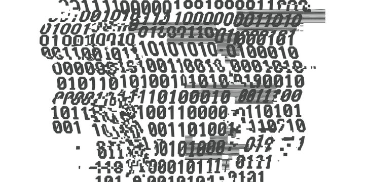 Abstract binary code pattern with digital glitch effect and distorted black and white computer data numbers