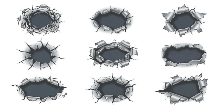Set of various metal bullet hole shapes and ripped paper textures for creative design and industrial projects