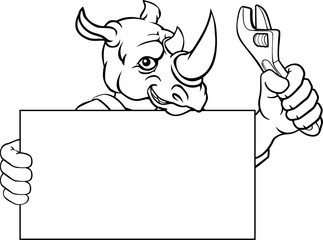 A rhino handyman, mechanic, plumber or other construction cartoon mascot man holding a wrench or spanner tool. © Christos Georghiou