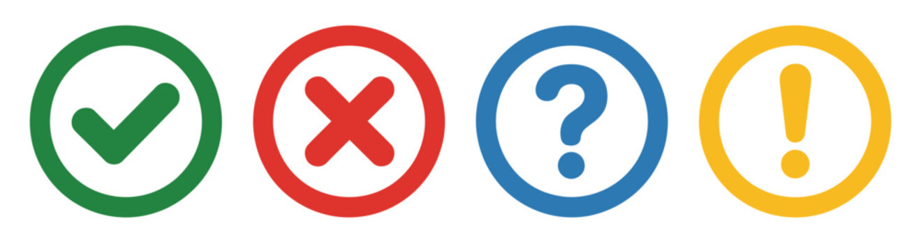 Check Mark and Symbol Icons Illustration, Green Check Mark, Red Cross, Blue Question Mark, and Yellow Exclamation Point Round Thin Line Vector Signs in Solid Circle Style Isolated on White Background,