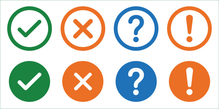 Check Mark and Symbol Icons Illustration, Green Check Mark, Red Cross, Blue Question Mark, and Yellow Exclamation Point Round Thin Line Vector Signs in Solid Circle Style Isolated on White Background,