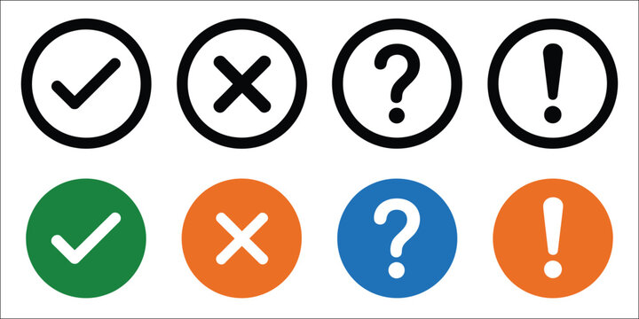 Check Mark and Symbol Icons Illustration, Green Check Mark, Red Cross, Blue Question Mark, and Yellow Exclamation Point Round Thin Line Vector Signs in Solid Circle Style Isolated on White Background,