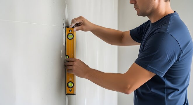Man using a spirit level to check the alignment of a wall during home renovation.