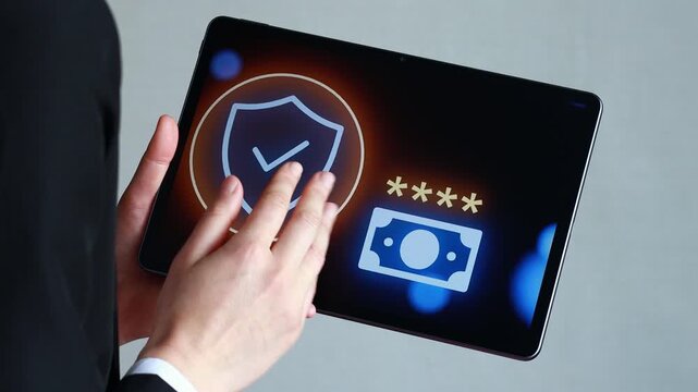 A person holds a tablet that shows security icons and a payment symbol. The scene takes place indoors, possibly in an office or workspace setting.