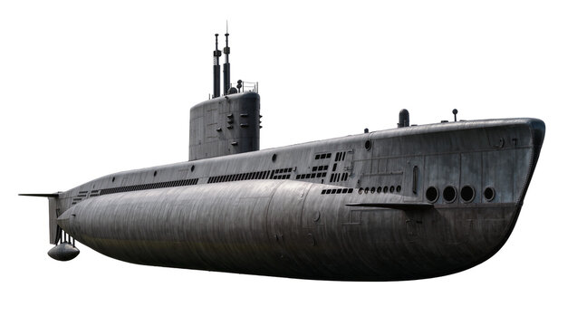 Dark gray submarine with conning tower and propellers