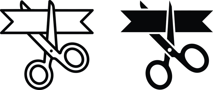 Scissors Cutting Ribbon Icons in Thin Linear Outline Style for Ceremony and Event Design