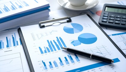 Obraz premium Blue charts and graphs rest on a clipboard. Pen lies beside them, poised for notes