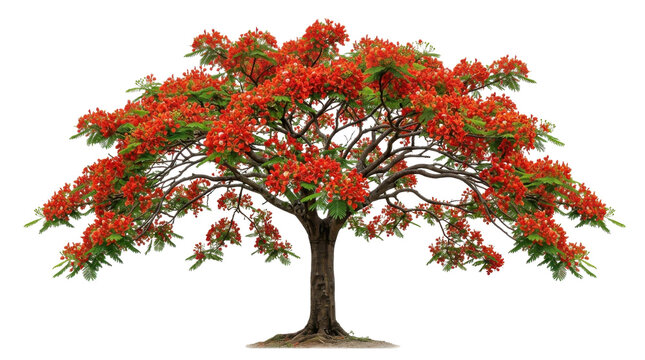 Large flowering royal poinciana tree with red blossoms and green leaves isolated on white background for nature.