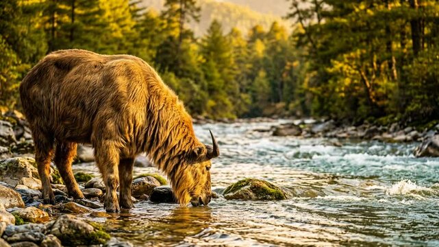 bhutan takin drinking water in golden light at paro river valley bhutan video