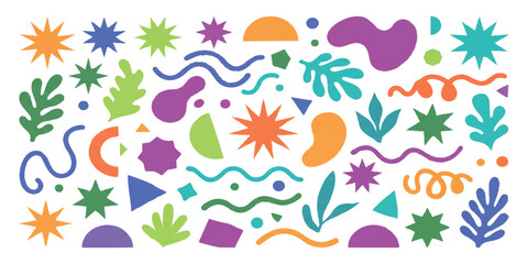 Obraz premium Set of colorful abstract shapes and organic elements with stars and wavy lines for modern graphic design art