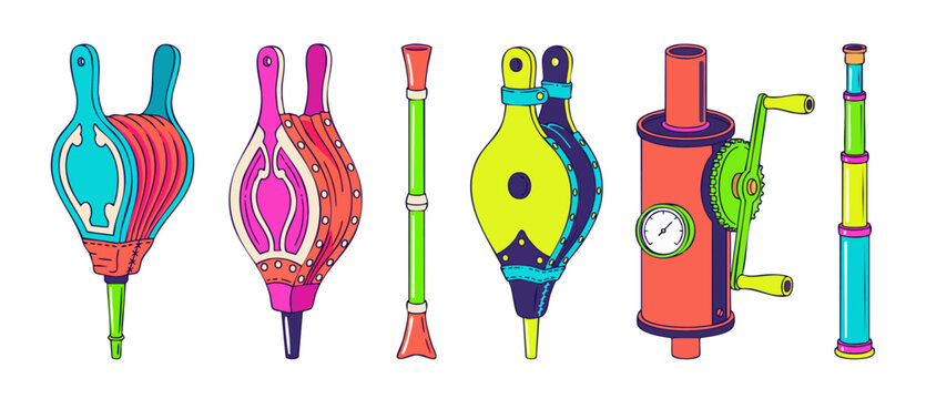 Retro fireplace bellows vector set with steampunk mechanical tools. Colorful hand air blower, vintage brass telescope, manual pump with crank and gauge cartoon illustrations on white. Retro tech.