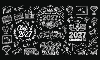 Vector chalkboard doodle set for Class of 2027 graduation with school and sports elements. © Avartde