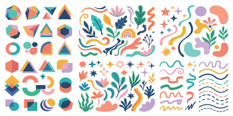 Fototapeta premium Colorful abstract shape set with geometric elements leaves stars and wavy lines for creative design projects