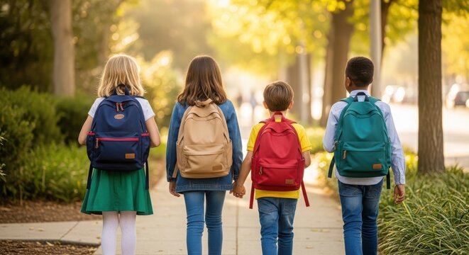 International friendship day diverse children walking to school holding hands